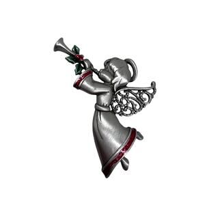 JJ Vintage Angel Brooch Silver Tone Enamel Christmas Trumpet Pin